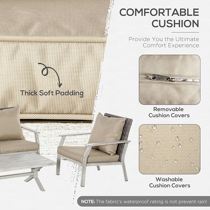 Outsunny 4 Pieces Patio Furniture Set with Cushions, Outdoor Wicker Conversation Sofa Sets, Aluminum Frame Sofa Sets for Backyard, Poolside, Garden, Beige