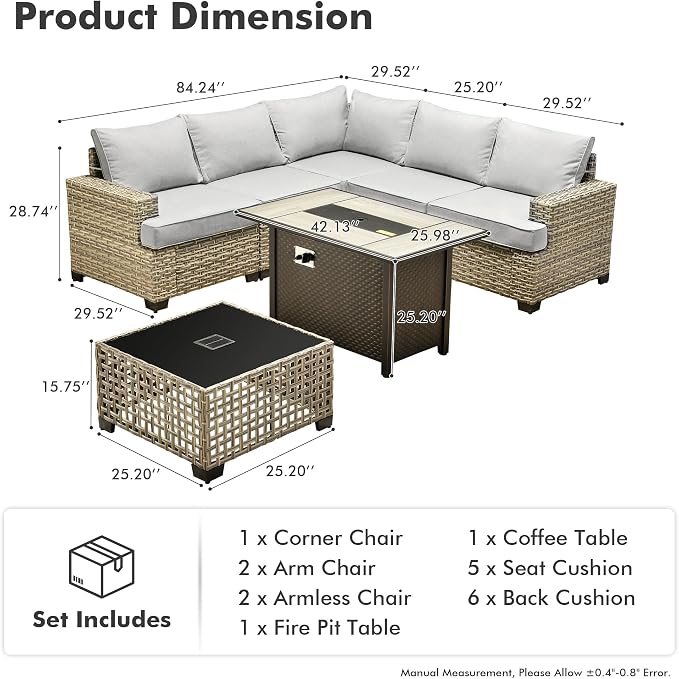 HOOOWOOO Sectional Patio Furniture Set with Fire Pit Table,7 Pieces Wicker Outdoor Furniture L Shaped Couch,Outside Conversation Set with Extra Deep Seat Sofa Wide Arm Solar Light Table,Light Gray