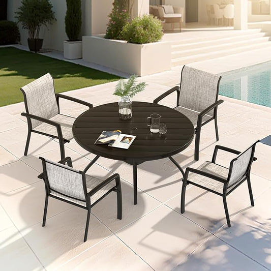 LUMISOL 5-Piece Outdoor Patio Dining Set, Patio Furniture Set with 4 Patio Stackable Dining Chairs and 40.6” Outdoor Metal Round Table, Black+Grey