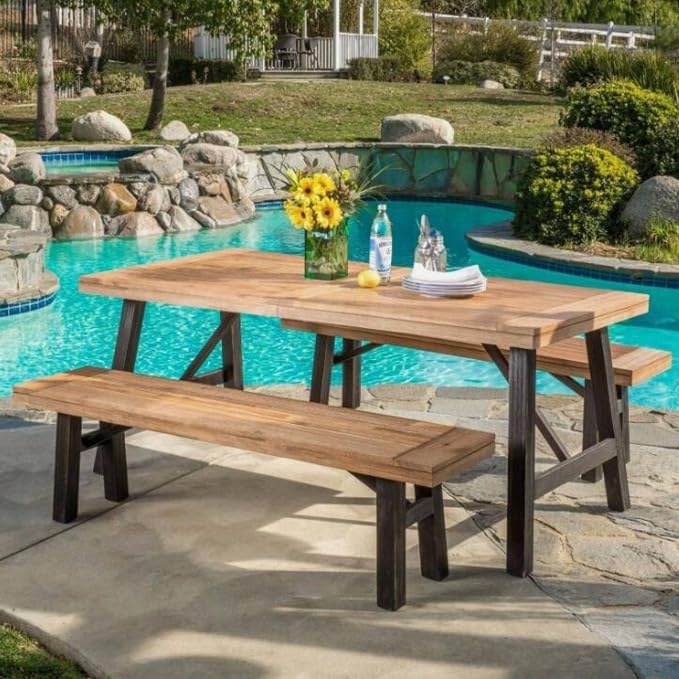 70.5'' Outdoor Patio Dining Table & 2 Bench for 4, Acacia Wood Farmhouse Dining Table Set Outdoor & Indoor Furniture for Patio Porch Garden, H-Shaped Base, 3-Pcs, Light Brown
