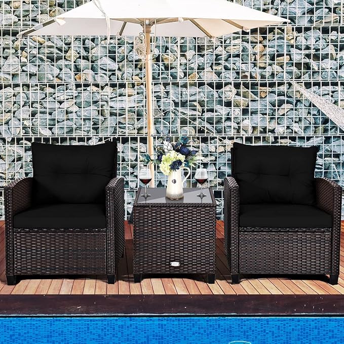 AUGESTER 3 PCS Patio Furniture Set, Outdoor PE Rattan Wicker Conversation Sofa Set w/Washable Cushion and Tempered Glass Tabletop, All Weather Chat Sofa for Garden Poolside Balcony Porch (Black)