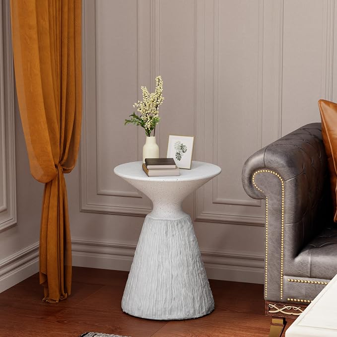 HOMPUS Outdoor Side Table, Mushroom Shaped MgO End Table, Lightweight Concrete Accent Table, Patio Coffee Table, Modern Vintage Small Garden Table Unique Plant Stand for Indoor Outdoor Use, White