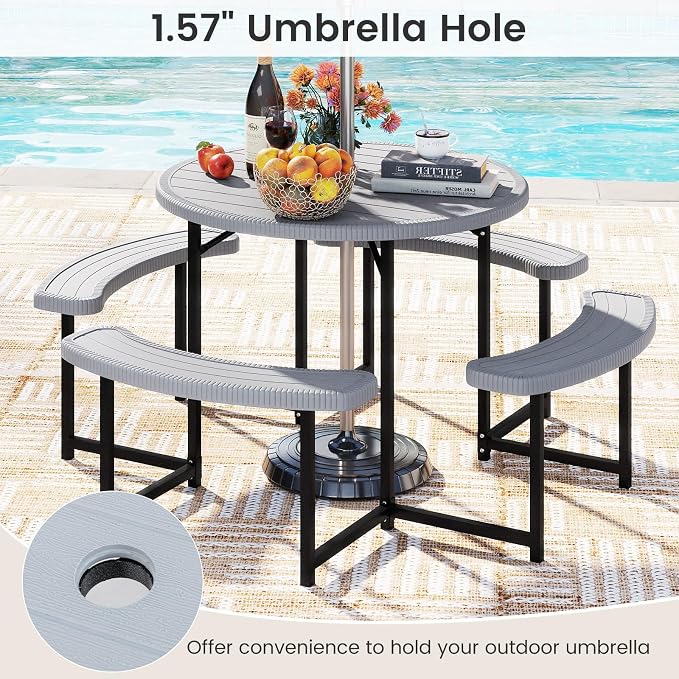 Tangkula 8 Person Picnic Table, HDPE Outdoor Round Table and Bench Set with 4 Built-in Benches, Umbrella Hole, Metal Frame for Garden Yard Patio Lawn