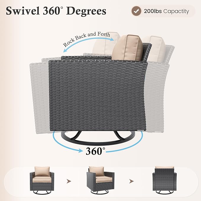 Amopatio Patio Furniture Set with Fire Pit Table, Wicker Outdoor Sectional Sofa with Swivel Rocker Chairs, All-Weather Rattan Conversation Set, Waterproof Cover for Backyard, Deck Black/Khak 6 PCS
