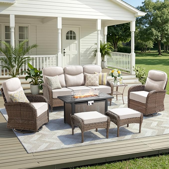 Luxury Patio Furniture Set with 42.5" Fire Pit Table, 6-Inch Thick Cushions Wicker Outdoor Furniture with Wicker Swivel Patio Chairs Set of 2, Patio Conversation Set for Deck Garden Porch, Beige