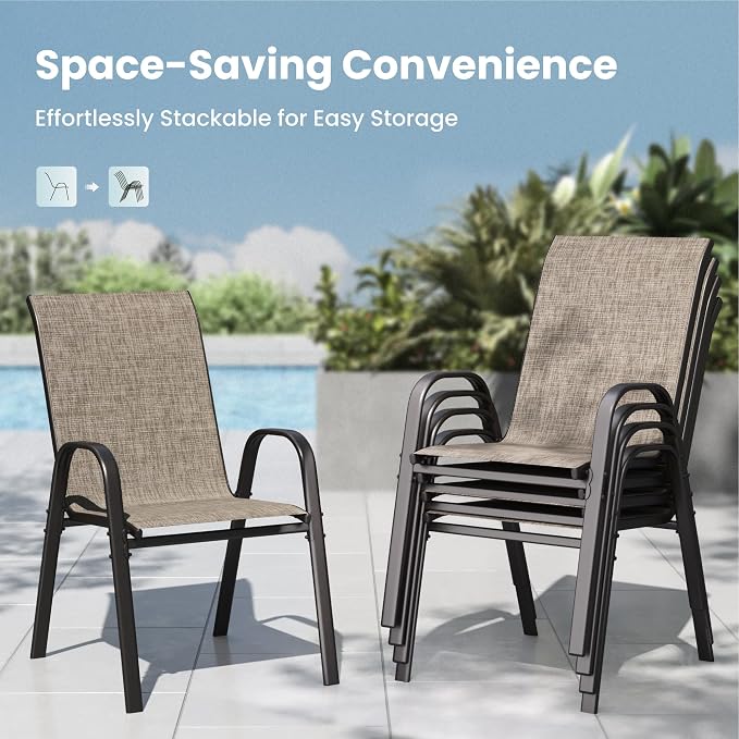 PHI VILLA 5 Piece Outdoor Dining Set, Stackable Patio Chairs & Metal Table | Textilene mesh chairs & 37'' Square Table. E-coated metal frame for patio, deck, lawn, garden. Rust-resistant, easy-clean