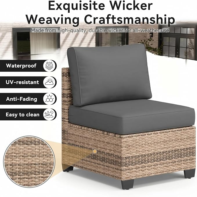 UDPATIO Patio Furniture Set L-Shaped, 8" Width Armrest Sectional Set, Al Weather PE Rattan Conversation Furniture with High Density Cushions and Coffee Table for Outdoor Backyard Porch Grey