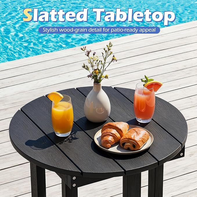 Tangkula Round Outdoor Side Table Set of 2, Adirondack Side Table with Weather-Resistant, Waterproof Top, Small Outside End Table for Patio Deck Pool Porch, Easy Maintenance (Black,2)
