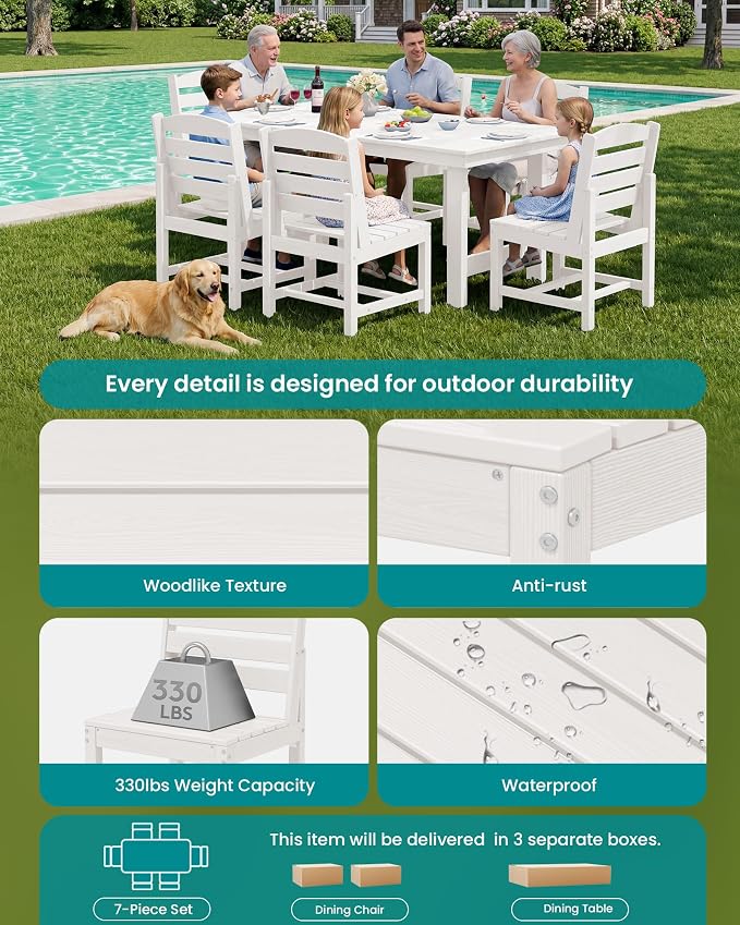 SERWALL 7-Pc HDPE Patio Dining Set, 1 Table & 6 Armless Chairs, White | HDPE Outdoor Dining Set with Rectangular Table & 6 Armless Chairs, All-Weather Resistant SERWALL Dining Set for 6