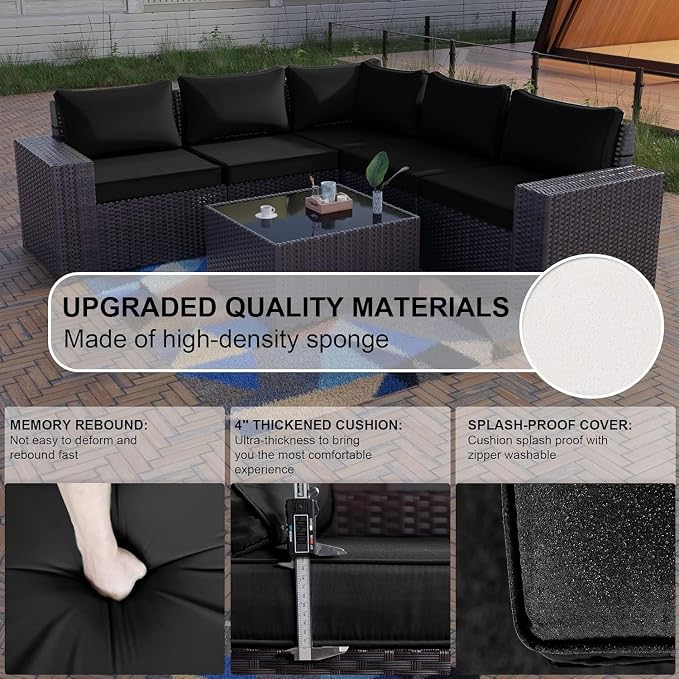 Kullavik Outdoor Patio Furniture Set,12 Pieces Sectional Rattan Sofa Set Brown PE Rattan Wicker Patio Conversation Set with 10 Seat Cushions and 2 Tempered Glass Coffee Table,Black