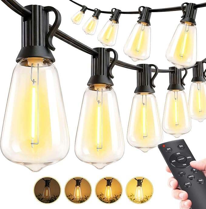 MGVIH Outdoor String Led Patio Lights: 65Ft 20M Outside Waterproof Light with Remote Dimmable ST38 Shatterproof Bulb Connectable Hanging Outdoor Electric Lighting for Backyard Yard Gazebo Porch Party