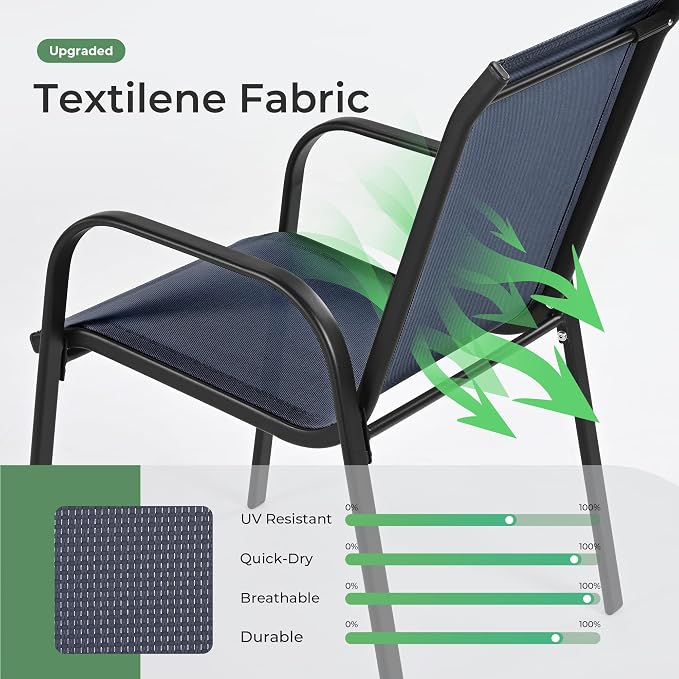 Outdoor Dining Set for 8, Patio Dining Set with Textilene Dining Chairs, Metal Dining Table with Umbrella Hole, Stackable Outdoor Chairs for Garden, Patio, Poolside and Backyard, Navy Blue