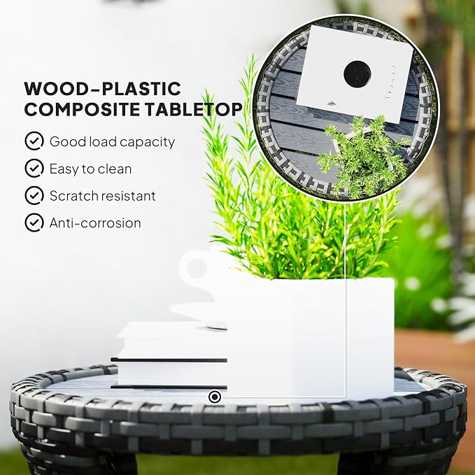Outsunny 18" Outdoor Wicker Coffee Table, 2-Tier Patio Side Table with Storage, PE Rattan End Table with Composite Wood Top, Steel Frame for Garden Backyard Balcony, Gray
