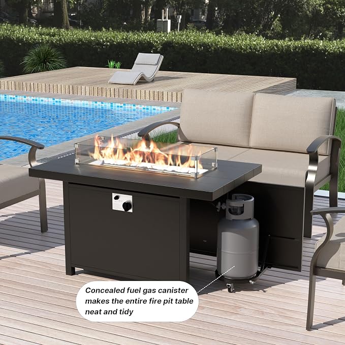 Gotland 8 Seats Outdoor Metal Patio Furniture Set with 55,000 BTU Gas Fire Pit Table w/Glass Wind Guard Patio Conversation Sectional Sofa Sets-Khaki