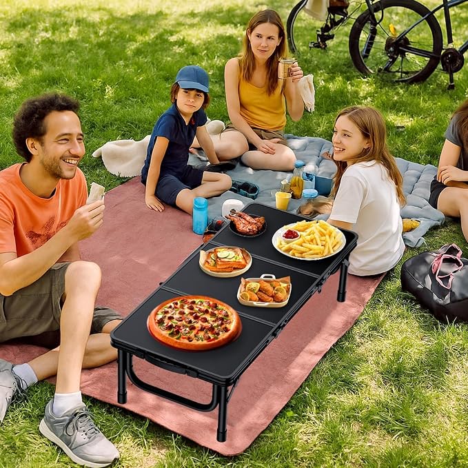 Anbte 34.2" x 15.7" Small Low Folding Picnic Table, 10.3" Height Thicker Aluminum Small Camping Table with Storage Bag, Portable Handle, Lightweight, for Camping Beach Party Picnic Floor, Black