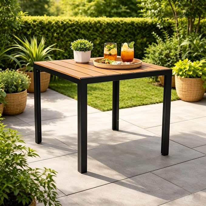 Square Outdoor Patio Table with Alloy Steel Frame and Faux Teak Top, Weather-Resistant Garden Outdoor Dining Table for Balcony,Garden,Patio,Porch, Yard,Poolside