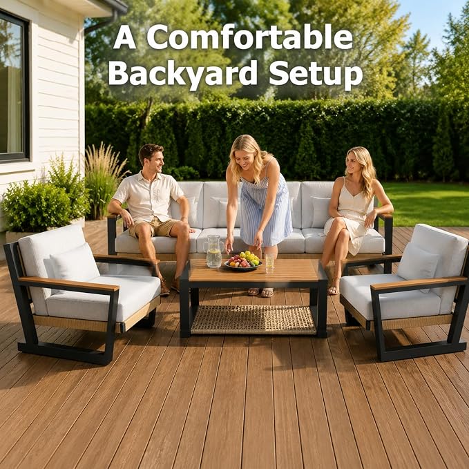 Aluminum Patio Furniture Set 5 Seats, Oversized Outdoor Sectional with Washable Thick Cushions, Coffee Table and Waterproof Cover, Patio Conversation Sets for Porch, Balcony, Deck Yellow