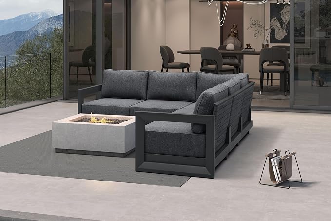 PURPLE LEAF Patio Furniture Set L-Shaped Outdoor Couch with 9.6" Thick Cushion and Soft Pillows 5 Piece Outdoor Sectional Sofas Modern Outdoor Conversation Sets for Yard Porch Deck Poolside, Grey