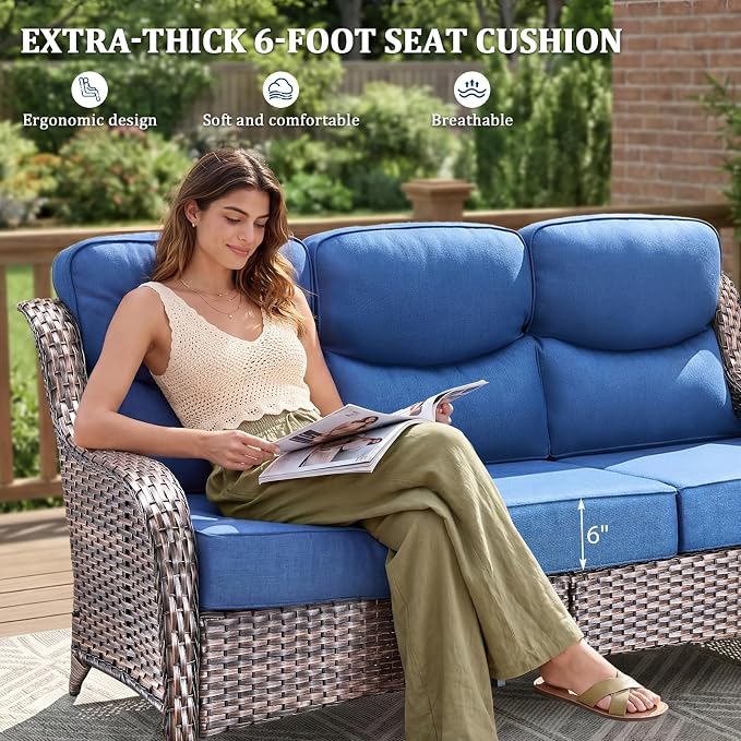 Luxury Swivel Rocker Chairs Sofa Set with 6" Thick Cushion 5 piece Wicker Outdoor Patio Chair with Coffee Table High Back Comfortable Outdoor Patio Furniture Set - Brown | Blue