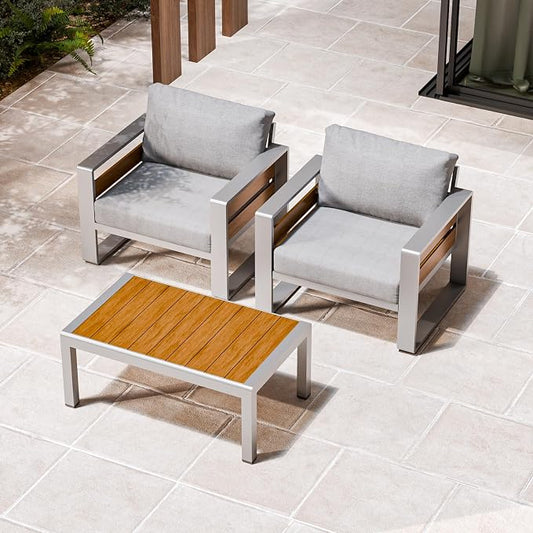 ZANDOR Aluminum Outdoor Patio Furniture Set with Coffee Table, 2 Seats Patio Conversation Sets with Washable Thick Cushions, Outdoor Sectional for Porch, Backyard, Deck, Garden & Poolside, Silver