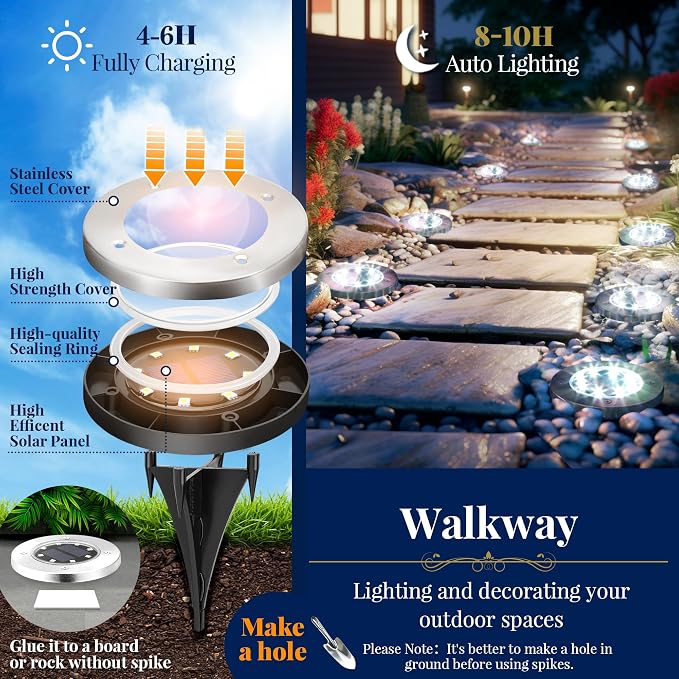 SOLPEX Solar Ground Lights Outdoor, Garden Lights 16 Pack Cool White | IP65 Waterproof Stainless Steel Landscape Lighting for Walkway, Driveway, Pathway, Patio, Backyard Decor