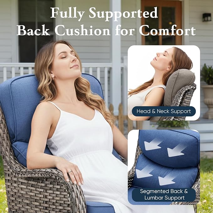 Belord Luxury 6" Thick Cushioned Outdoor Swivel Rocker Chairs Set of 4 with Fire Pit Table, High Back Wicker Patio Furniture Set with Ergonomic Zone Back, Conversation Set for Deck Porch - Grey+Blue