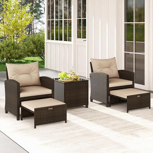COSTWAY 5-Piece Rattan Conversation Set, Outdoor Wicker Sofa, Tempered Glass Coffee Table & Ottomans for Small Space, Boho Chic Indoor/Outdoor Furniture Set for Poolside, Backyard, Deck (Beige)