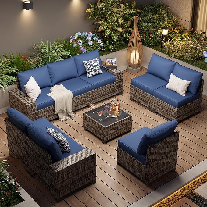Aoxun Patio Furniture Set, 9 Pcs Outdoor Patio Furniture Sets with 4 in Thicken Cushion, Widen Armrests Wicker Outdoor Sectional for Backyard & Garden, Navy Blue