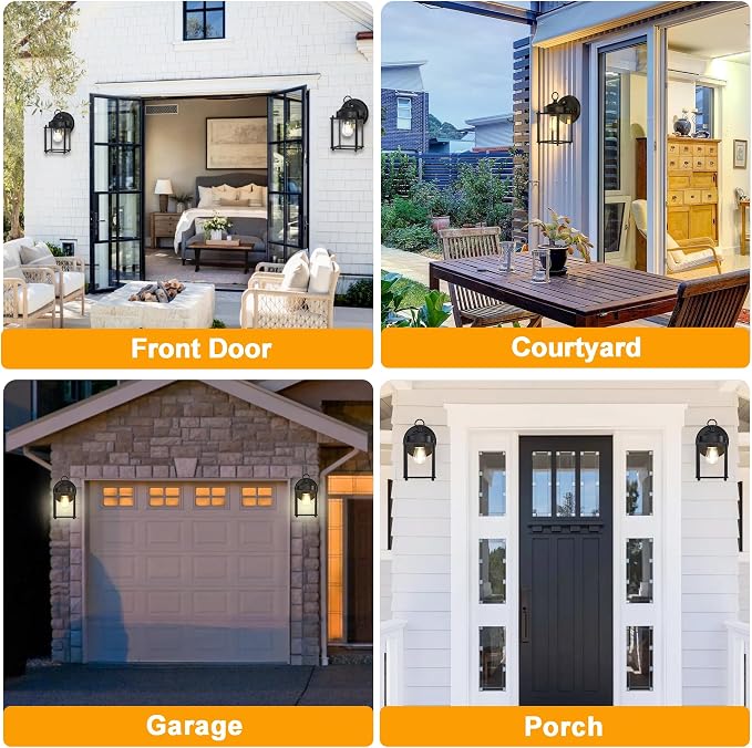 Outdoor Wall Light, Porch Lamp, Dusk to Dawn, Black | Exterior Wall Sconce Fixture for House, Garage, Patio, Rustproof Waterproof, Metal Housing with Glass, E26 Base, 4 Pack