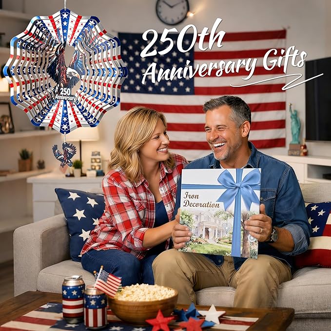 250th Anniversary American Eagle Flag 12 Inch Wind Spinner | Stainless Steel Outdoor Garden Decor with 3D American Flag Design, Hanging Yard Art for Patio & Indoor, Gifts for Men & Dad