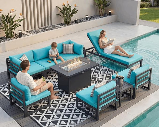 NICESOUL 9 Pcs Oversized Modern Aluminum Patio Furniture Set, All Weather Modular Sectional Sofa with Lounge Chair & Fireplace, 500 lbs Heavy Duty Comfortable Outdoor Couch for Poolside Backyard, Teal
