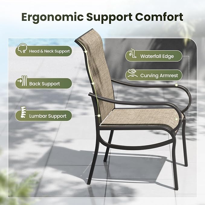 PHI VILLA 7 Pcs Outdoor Dining Set for 6, Mesh Patio Chairs & Metal Table | 60'' metal rectangular table with umbrella hole and 2 swivel & 4 fixed textilene chairs, designed for deck, backyard, garden