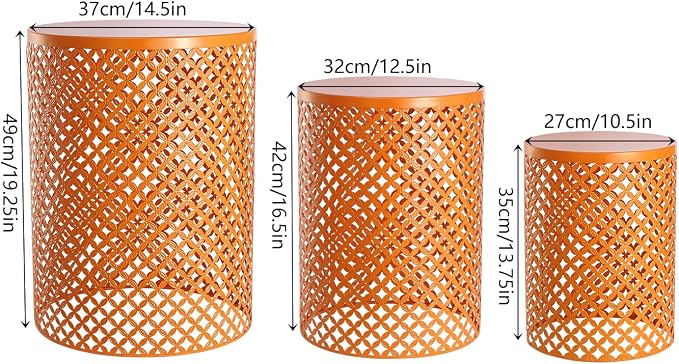 Outdoor Side Table, 3PCS Round Metal Frame Coffee End Tables, Modern Decorative Garden Stool, Multifunctional Nesting Side Table for Garden, Balcony, Cafe, Park, Pool Side (Orange)