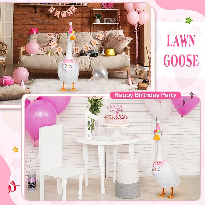Abbylike Happy Birthday Goose Outfit Lawn Porch Goose Outfits with Party Hat Bandana for 23" 17" Cement Plastic Duck Decor(Pink)
