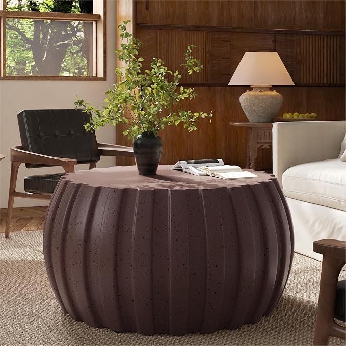 35.43" Concrete Outdoor Table,Modern Round Stone Coffee Table,Waterproof Outdoor Coffee Table for Patio for Terraces, Gardens, Backyards and Living Rooms (Brown, 35.43")