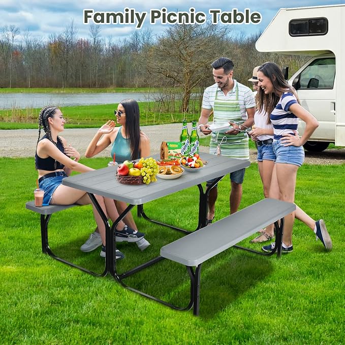 MEDIMALL Portable Picnic Table With Benches, Plastic Bench Set With Metal Frame & All Weather Tabletop, Large Camping Table for Outdoors, Backyard, Garden (Gray)