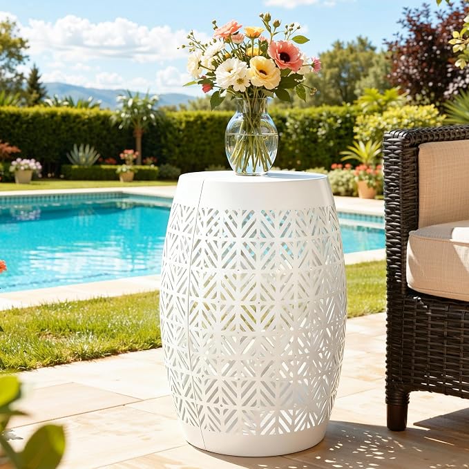 18" Cutout Metal Outdoor Side Table with 3-Mode LED Lights, Modern Decorative Drum End Table, Versatile Coffee Table/Garden Stool/Night Stand/Plant Stand for Patio, Living Room, Bedroom