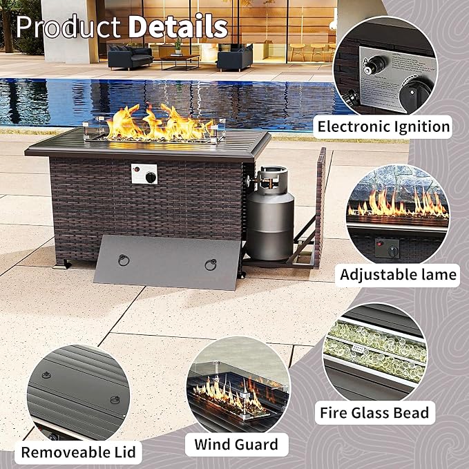Gotland 15 Pieces Patio Furniture Set with Fire Pit Table, All Weather Rattan Outdoor Furniture with 29.5'' High Backrest 4’’ Thick Cushions Coffee Table, Patio Set for Porch, Deck, Backyard, Navy