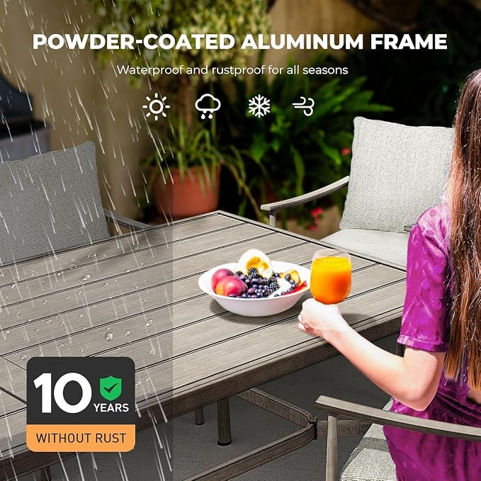 HAPPATIO 9-Piece Patio Table and Chairs Set for 8, Aluminum Outdoor Dining Set with Cushions, 6 Dining Chairs and 2 Swivel Chairs, 1 Large Rectangular Table with Umbrella Hole, Grey