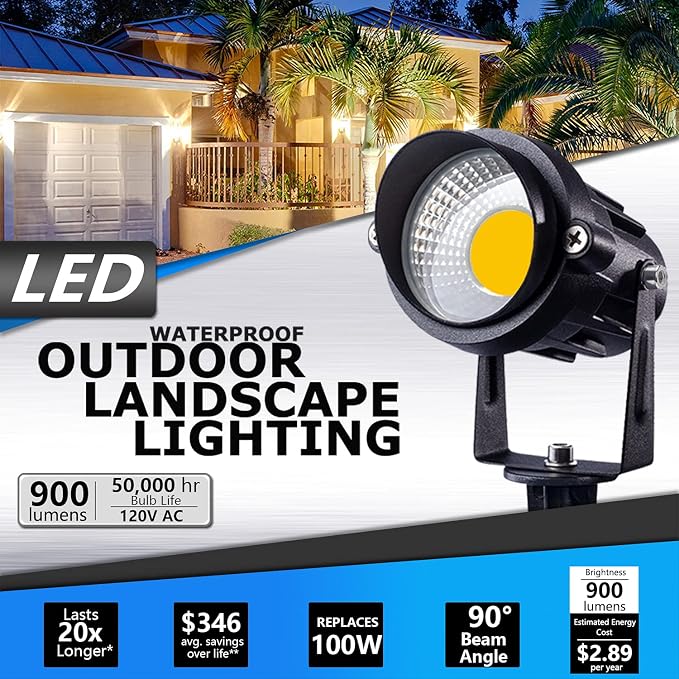 SUNVIE LED Outdoor Spotlight 12W Landscape Lighting 120V AC Waterproof Landscape Lights Spot Lights for Yard with Spiked Stake Warm White Flag Light Garden Decorative Lamp with US 3-Plug in (6 Pack)