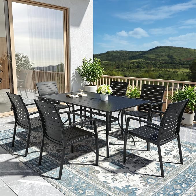 Outdoor Patio 63" Rectangular Table and Aluminum Resin Chairs 6 Person Set | Aluminum Frame Chairs, Resin Chair Seat, Resin Chair Back, 6 Piece Stackable Chairs, 1 Piece Black Metal Table, 6 Person Set