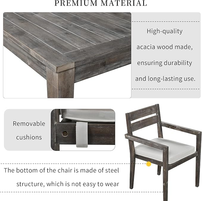 RUNNA 7-Piece Outdoor Dining Table Set with Acacia Tabletop and 6 Chairs Indoor and Outdoor Furniture Sets,for Patio, Balcony Or Backyard. (Grey@015)
