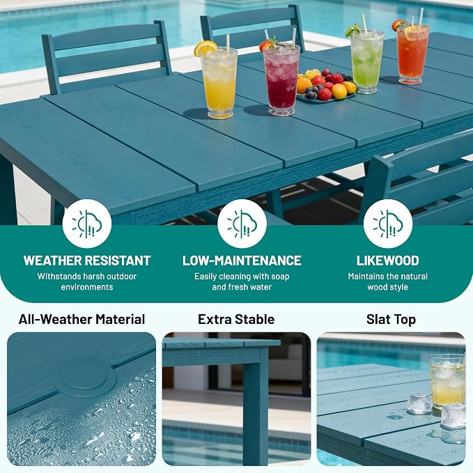 PLUUV 5-Piece Patio Dining Set, Hdpe Outdoor Patio Furniture Set with Aluminum Table Legs & Umbrella Hole, All-Weather Resistant Patio Table Set for Garden, Backyard, 4 Chairs & 1 Table, Navy Blue
