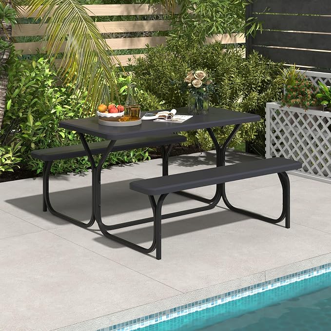 S AFSTAR Picnic Table, 59” Plastic Picnic Table with Benches, Steel Frame & Wood-Like Texture Tabletop, Expanded Rectangular Camping Table Chair Set for Garden Patio Lawn Deck (Black)