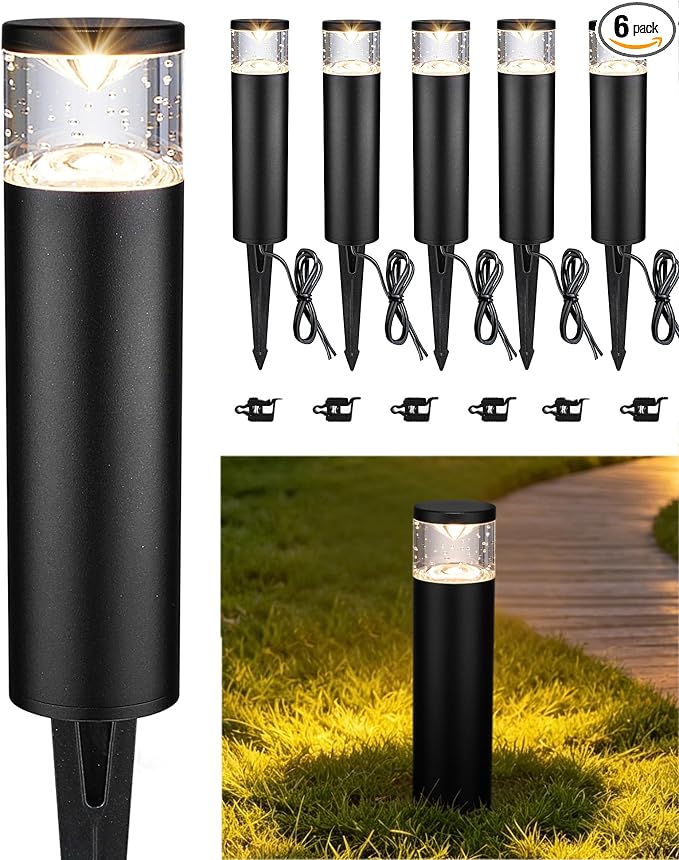 LITFIT 6Pack Low Voltage Bollard Landscape Lights, 12V Aluminum Path Light | 5W 3000K Warm White Electric Outdoor Garden Light with Connectors, 50000H Waterproof Wired LED Lawn Walkway Light, ETL Listed