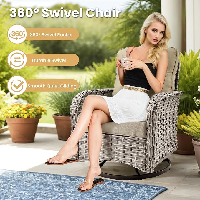 HOOOWOOO Sectional Patio Furniture Set with Fire Pit Table,15 Pieces Wicker Outdoor Furniture L Shaped Couch,Outside Conversation Set Extra Deep Seat Sofa Wide Arm Swivel Chairs Solar Light,Beige