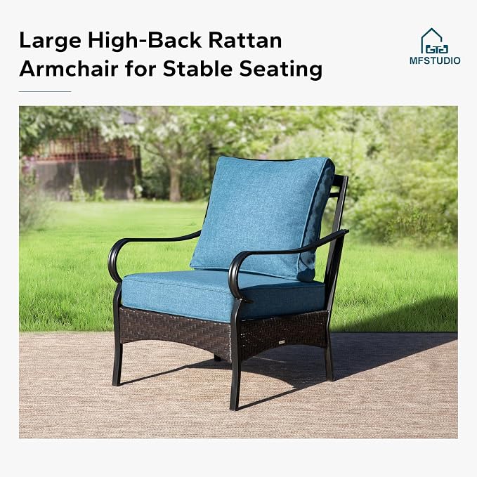 MFSTUDIO 5 Pieces Outdoor Patio Furniture Set, Metal Outdoor Conversation Sofa, Rattan Wicker Patio Sectional Sofa Set with 4 x Fixed Single Sofa, 1 x Fire Pit Table, Navy Blue