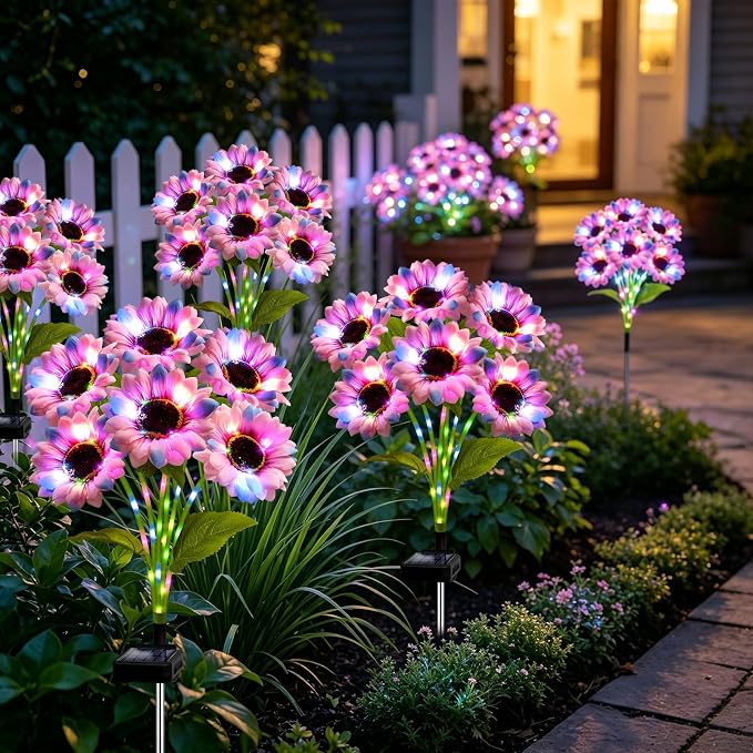 Solar Garden Lights Outdoor, 6 Pack Solar Multicolor Sunflower Lights with 18 Head 3.5 Inch Flowers, Waterproof Flowers Light Fall Decor Auto ON/Off for Garden Yard Patio, Gifts for Mom Women