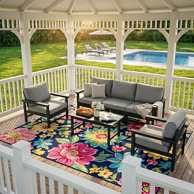 6-Piece Outdoor Patio Furniture Set, Modular HDPE Conversation Set with 3-Seater Sofa, 2 Armchairs & Large Coffee Table, Waterproof & UV-Resistant Outdoor Sofa with Cushions