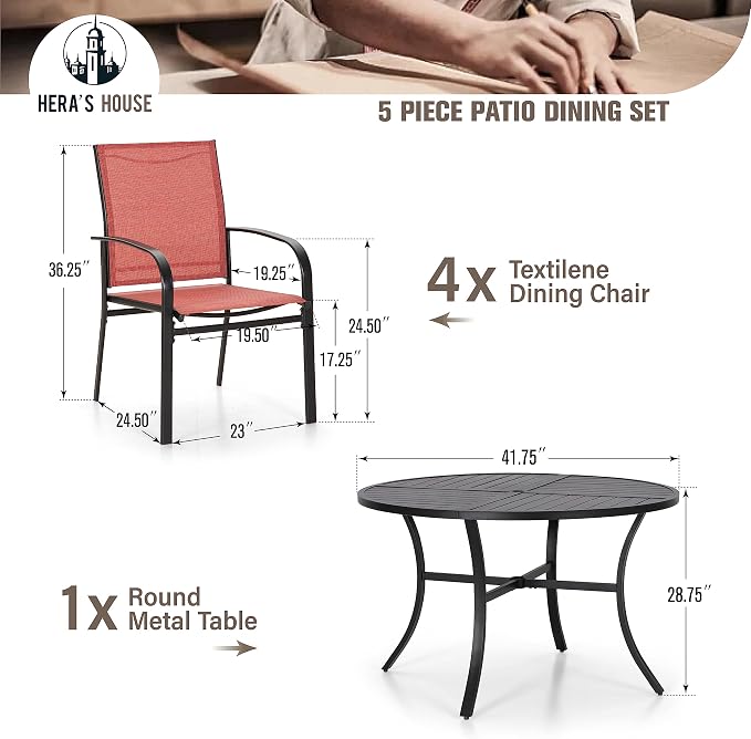 HERA'S HOUSE 5pc Patio Dining Set for 4, 42" Round Metal Table | Red textilene chairs, umbrella hole. Waterproof, rust-resistant, all-weather for backyard, porch